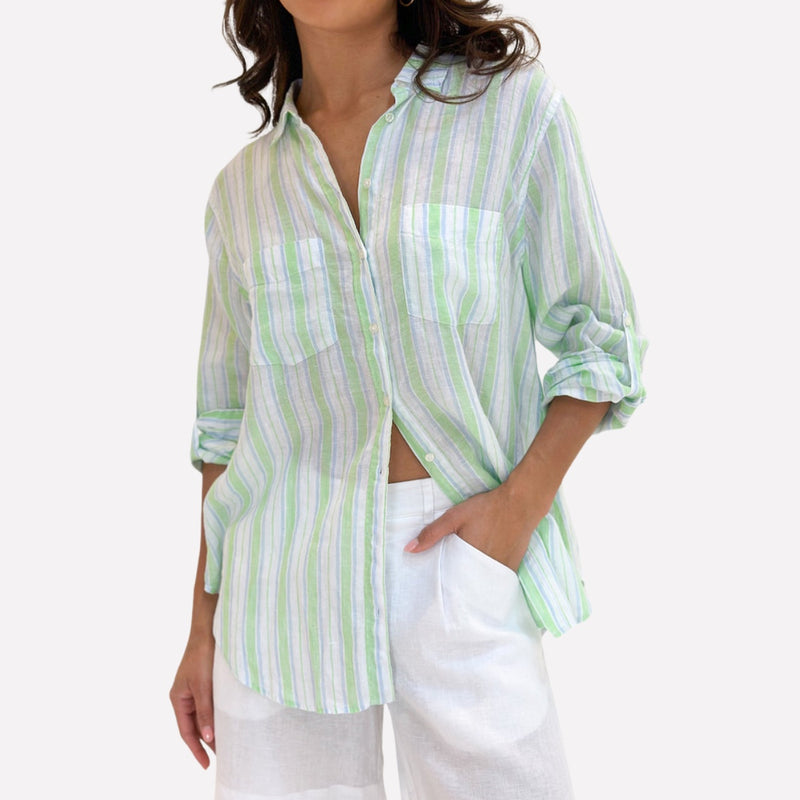 Hut Boyfriend Linen Shirt (Garden Green Stripe)