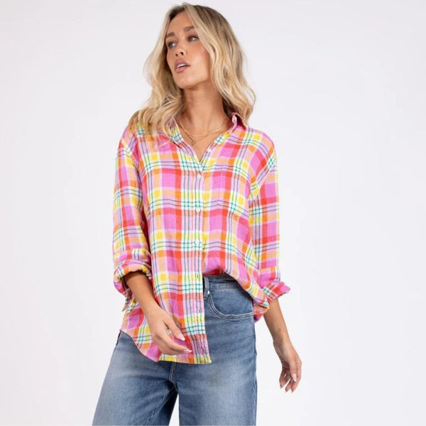 Hut Boyfriend Linen Shirt (Bubblegum Plaid)