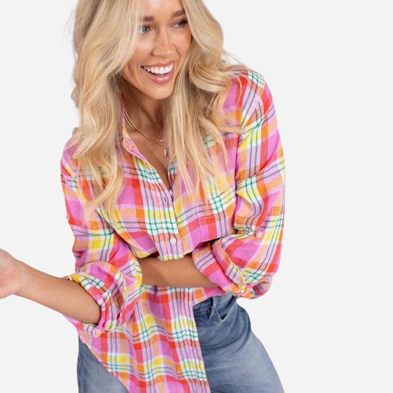 Hut Boyfriend Linen Shirt (Bubblegum Plaid)