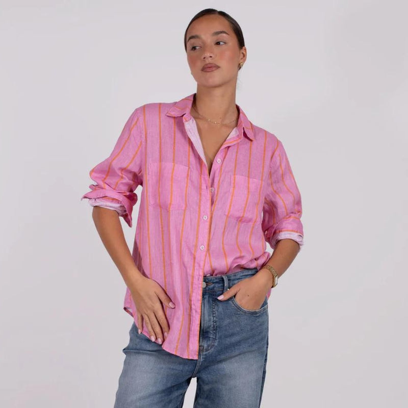 Hut Boyfriend Linen Shirt (Papaya Stripe)