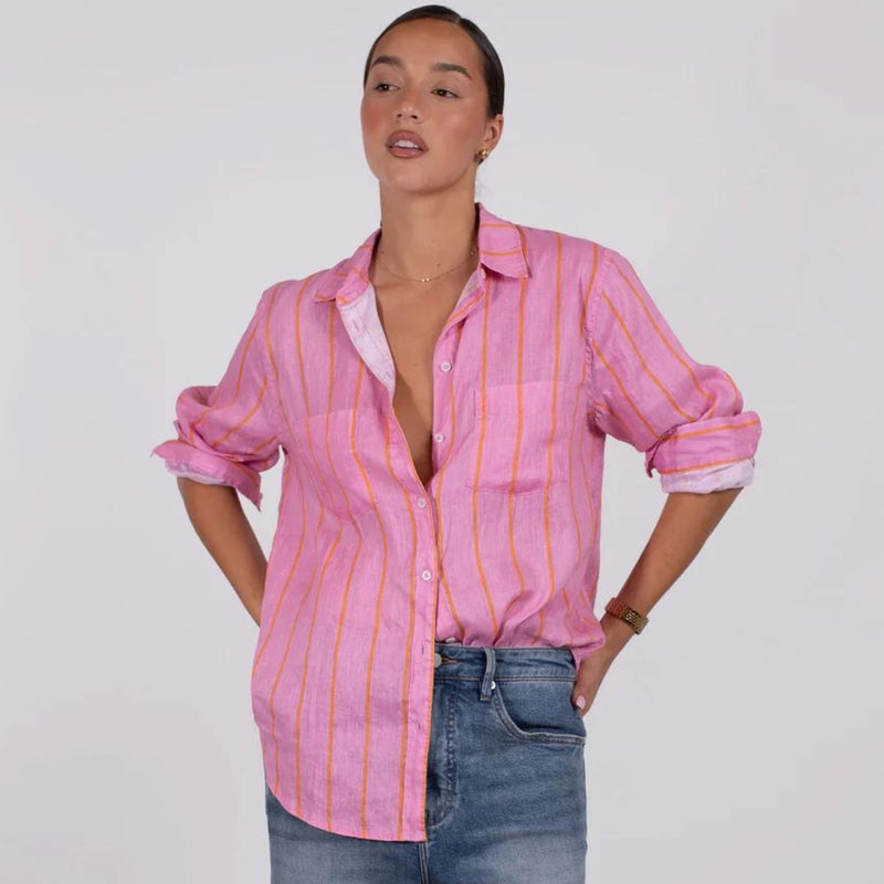 Hut Boyfriend Linen Shirt (Papaya Stripe)