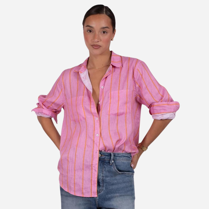 Hut Boyfriend Linen Shirt (Papaya Stripe)