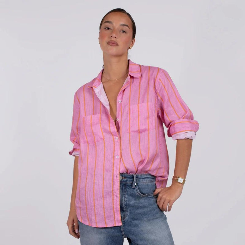 Hut Boyfriend Linen Shirt (Papaya Stripe)