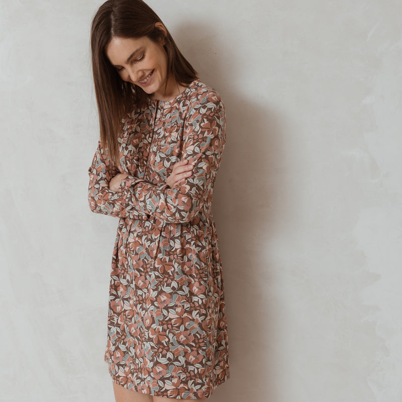 Bobbie Floral Dress in gorgeous Autumn tones of sage, terracotta, cream and pink