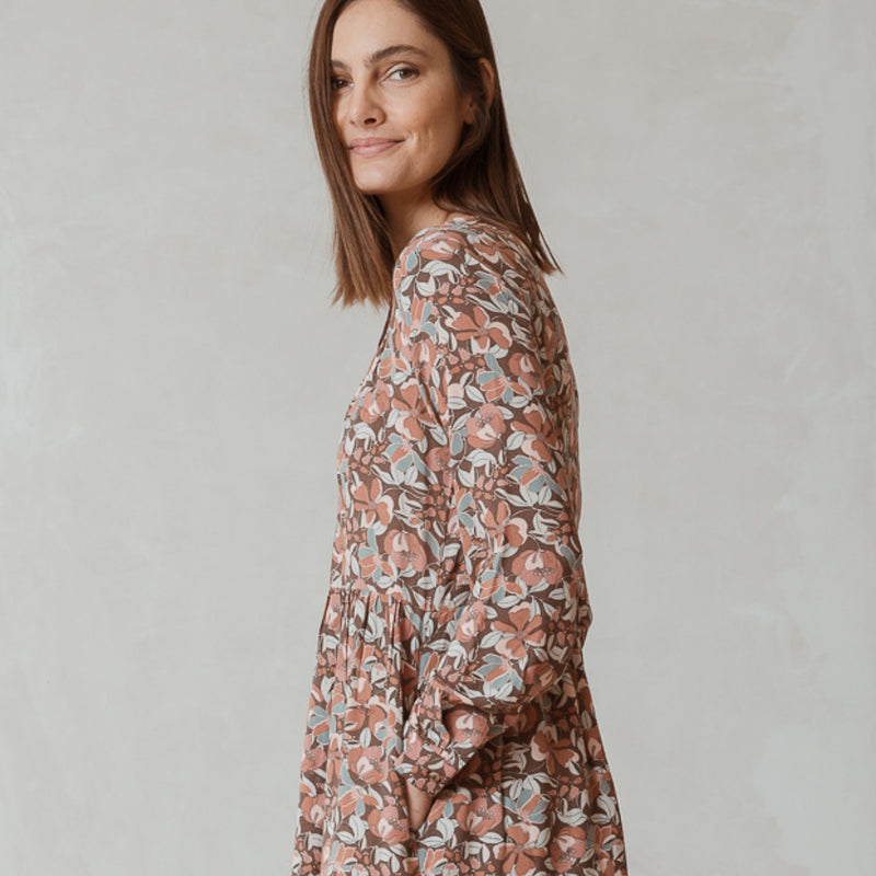 Bobbie Floral Dress has a round neckline, long sleeves and gather detailing along the waist