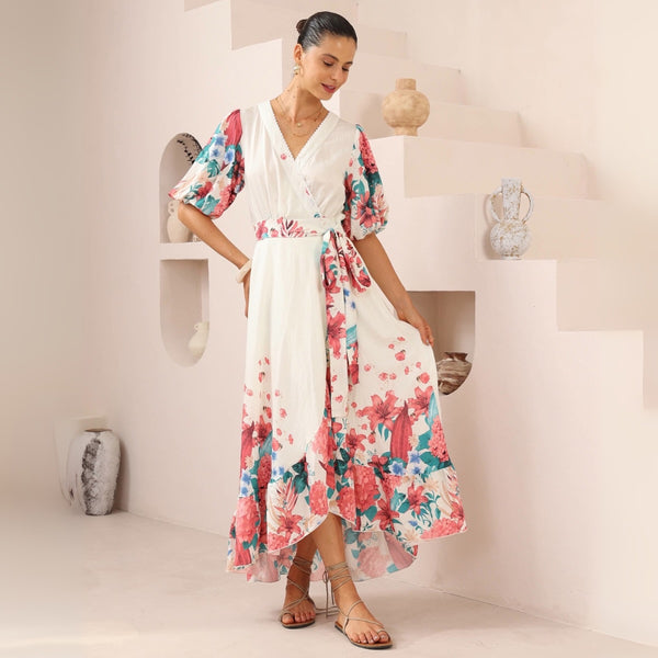 Amika Wrap Dress in a pink and blue floral print.