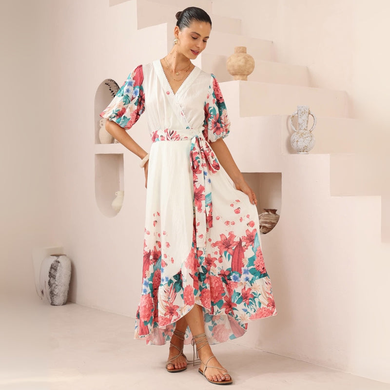 Amika Wrap Dress in a pink and blue floral print.