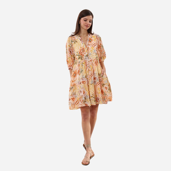 Our gorgeous Blake Dress has a yellow floral print and features a button down front.