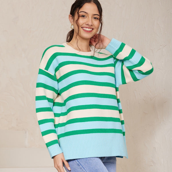 Everlee Stripe Jumper with blue, green and cream stripes