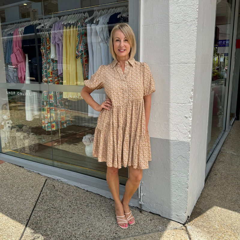 Gabby Button Shirt Dress in a beige and white print