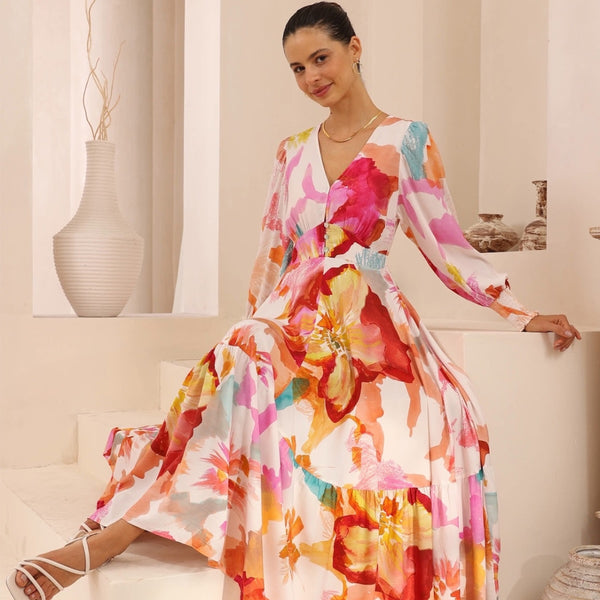 Jenae Floral Maxi Dress in a hibiscus print