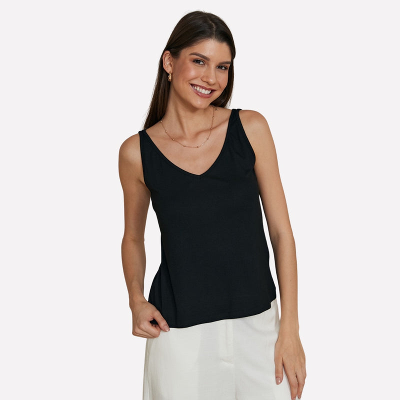 Our black Jenni Cami Top has a V neckline at the front and a semi fitted shape