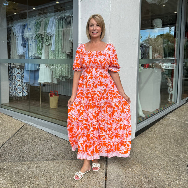 Sarona Shirred Maxi Dress in tropical pink and orange print