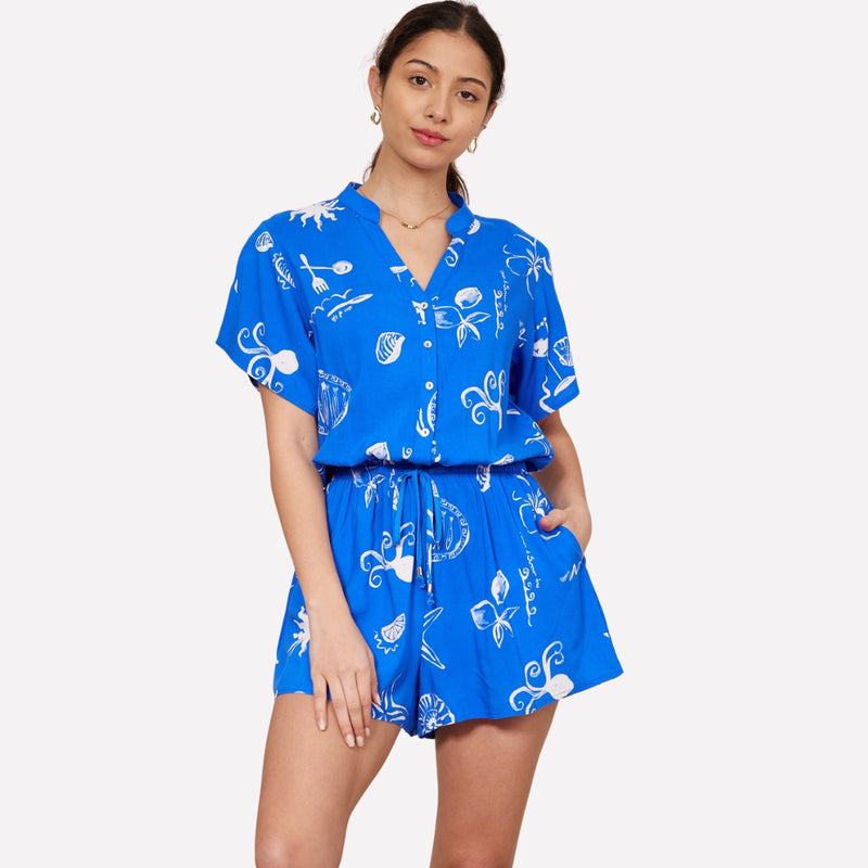 Seaford Playsuit in a tropical blue and white print