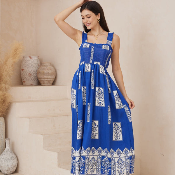 Serenity Maxi Dress in a blue and white print