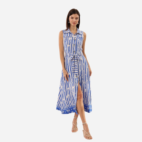 Our Sheridan Midi dress has blue and white stripes with fun illustrations.