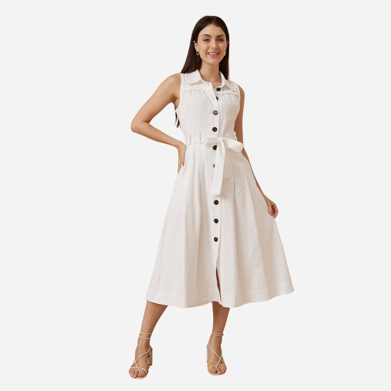 Sheridan Midi Dress in white features a button front, collar and an Aline skirt