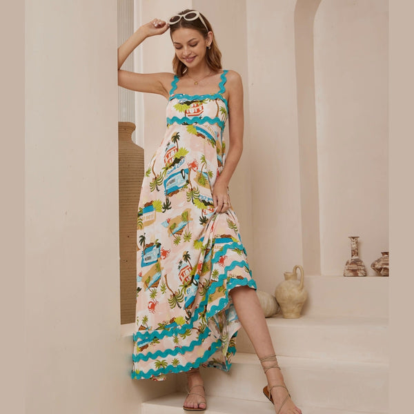 South Sea Ric Rac Maxi Dress with a fun resort print and aqua ric rac detailing