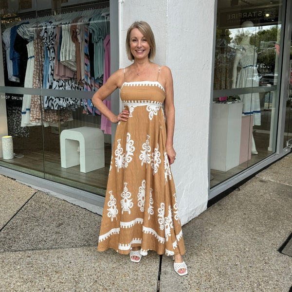 Thalia Maxi Dress with a white and camel coloured print