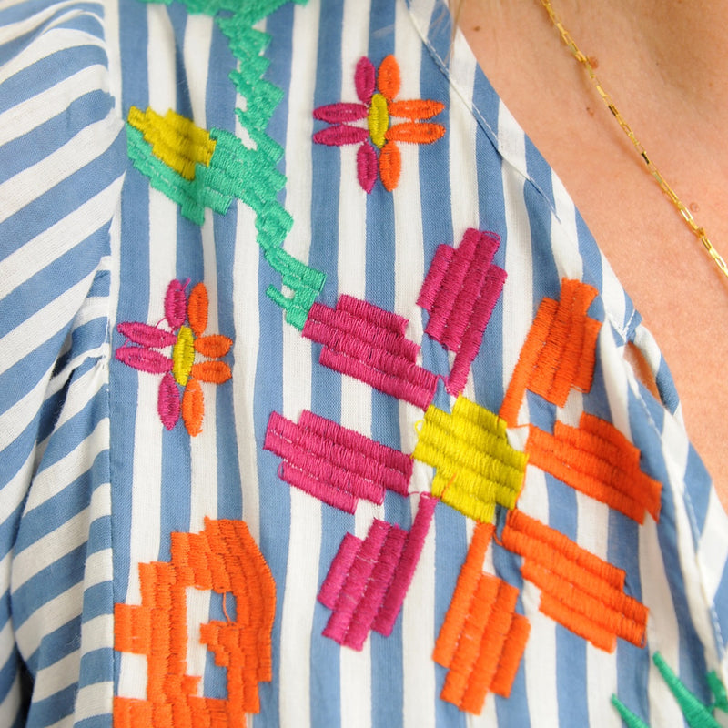 Close up of the colourful embroidery accents