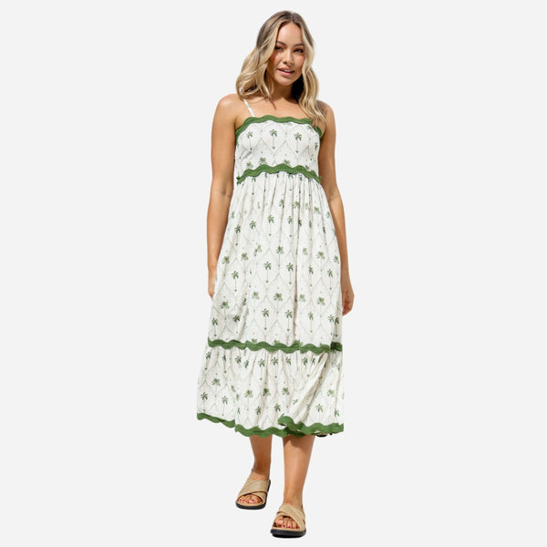 Our Bangalow Midi Dress has a lovely green palm print against a cream base