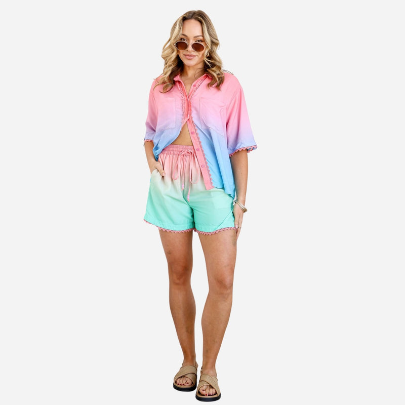 Ombre Short Set includes a short sleeve shirt and shorts.