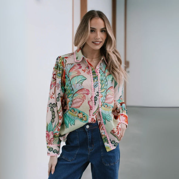 Our St Tropez floral shirt has lovely pink crochet detailing.