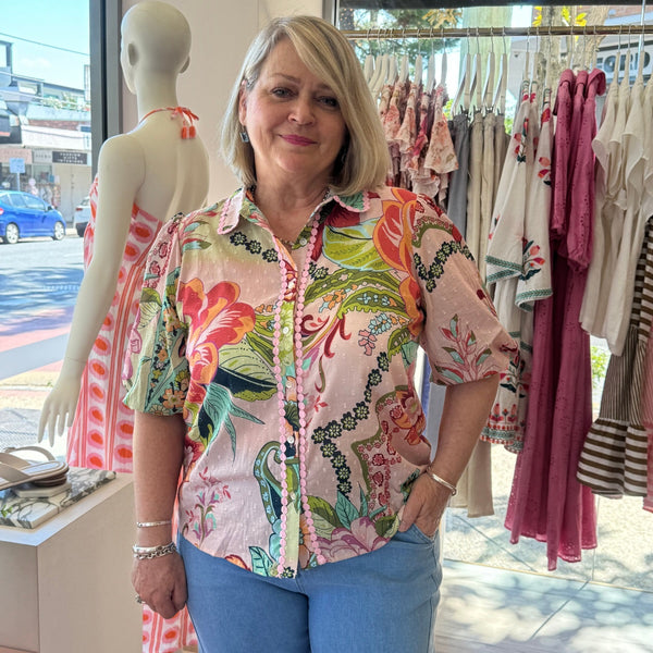 Jill is 170cm tall and wears a Size 12 in the St Tropez Shirt.