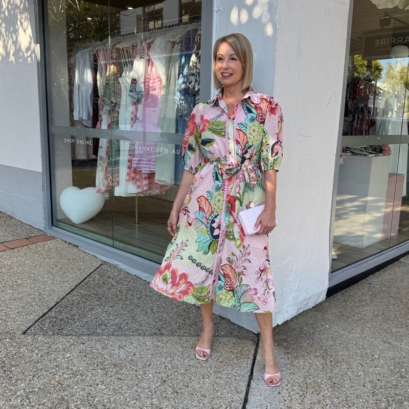St Tropez Shirt Dress in a pink floral print