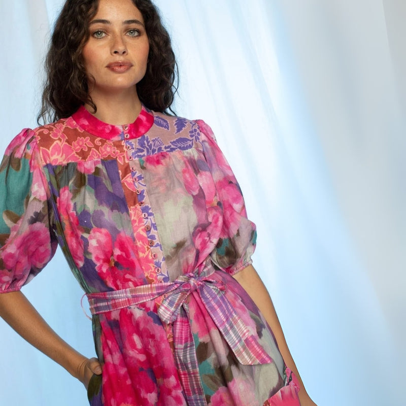 Close up of the beautiful fabric with an exclusive floral patchwork print.