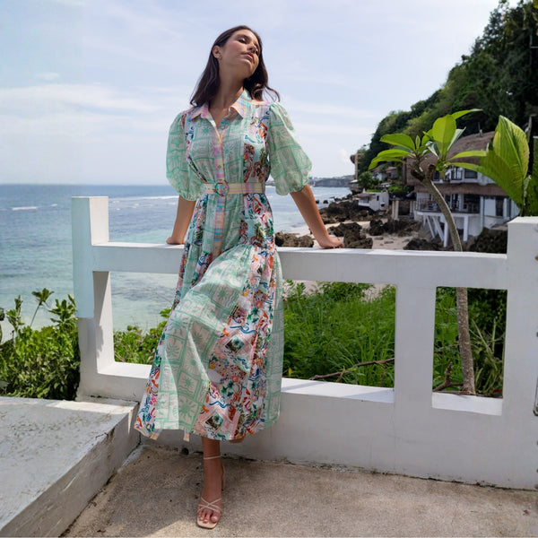 Our Jean Maxi Dress by Kachel has a stunning print in mint green, white, pink, blue and purple (to name a few!)