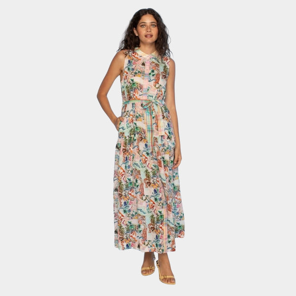 This sleeveless dress has a mock collar, button front, detachable belt, side pockets and contrast print on the mock collar, button front and belt.