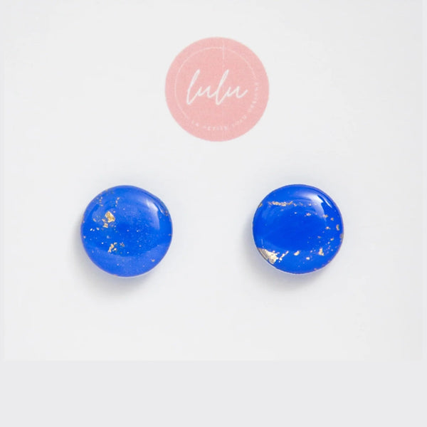 Gilded Glow - blue round stud earrings with gold specks.
