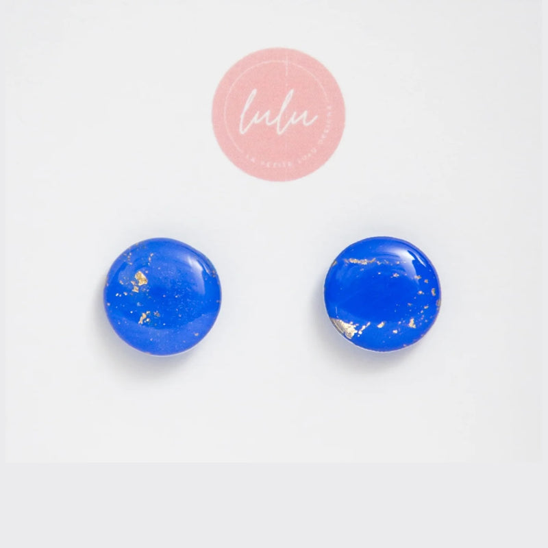 Gilded Glow - blue round stud earrings with gold specks.