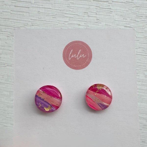 Speckled round stud resin earrings in bubblegum - pink, purple and gold flecks.