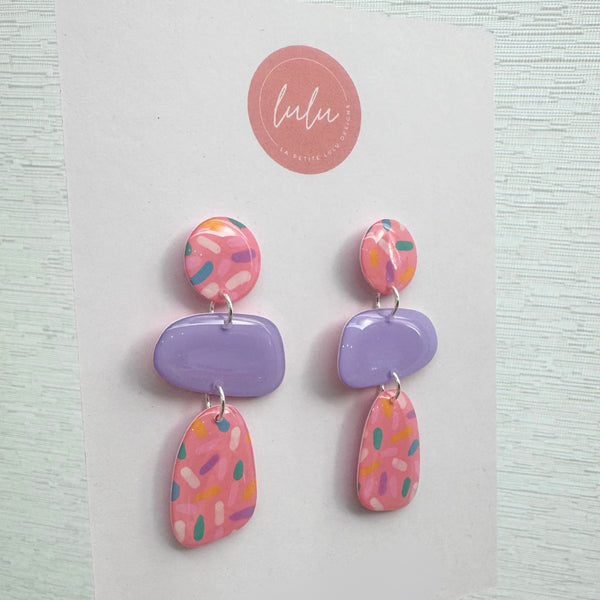 Sprinkles Resin Dangle Earrings in pink and lilac.