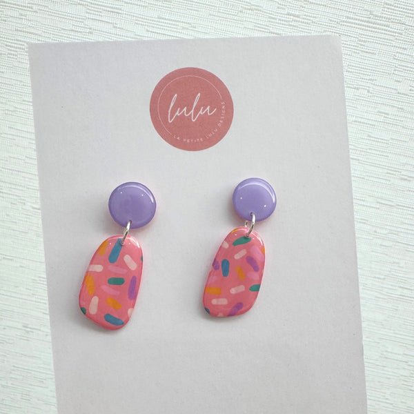 Sprinkles Resin Earrings with a lilac stud and a multi coloured dangle (pink, yellow, white, lilac and green)