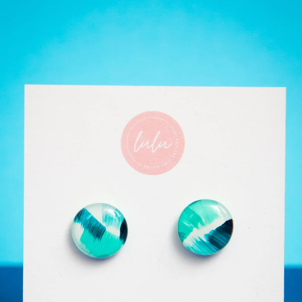 Bold Brush Round Studs (small size) in blue, teal and green