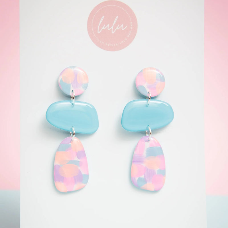 Candy Crush Resin Dangle Earrings in blue, pink and orange.