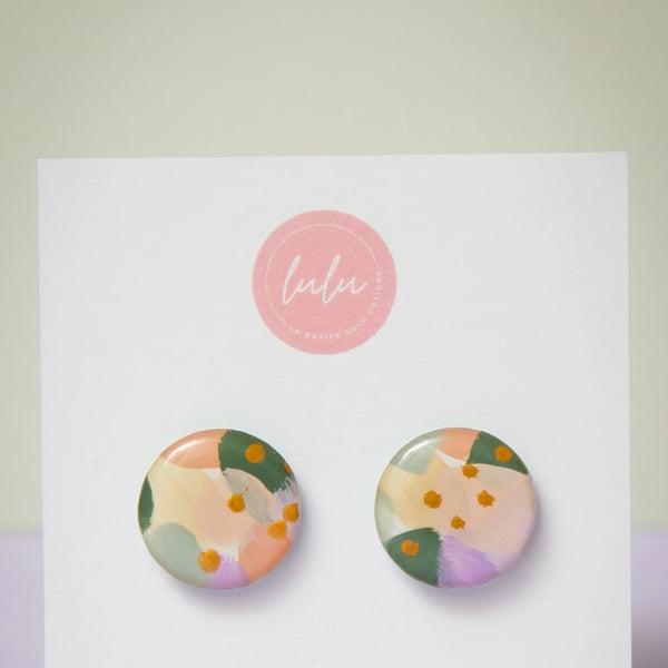 Large Round Stud Resin Earrings in Pastel Mosaic (green, purple, orange)