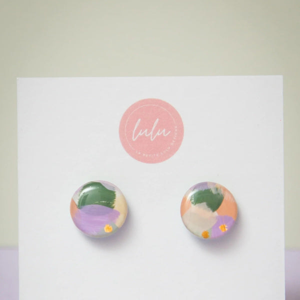 Pastel Mosaic Round Stud Earrings in purple, green.