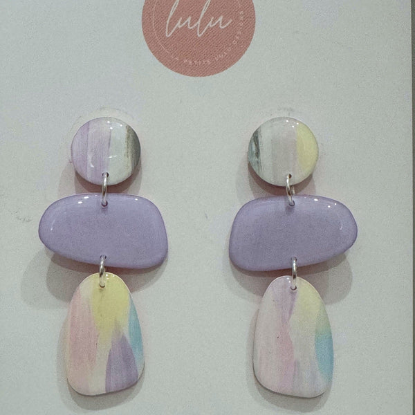 Penny Dangle Resin Earrings with a trio drop. Pastel tones.
