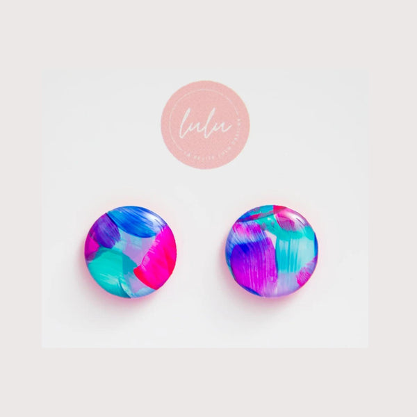 Large Round Stud Earrings in Glowheart (blue, purple and pink swirls)