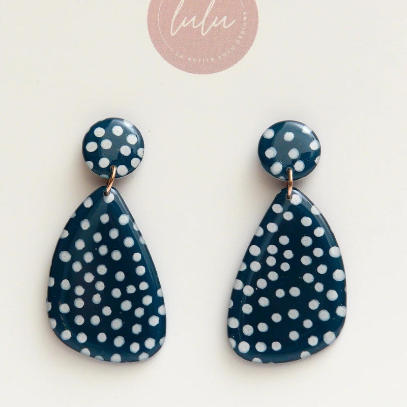 Teardrop Dangle Earrings with navy and white spots by La Petite Lulu Designs