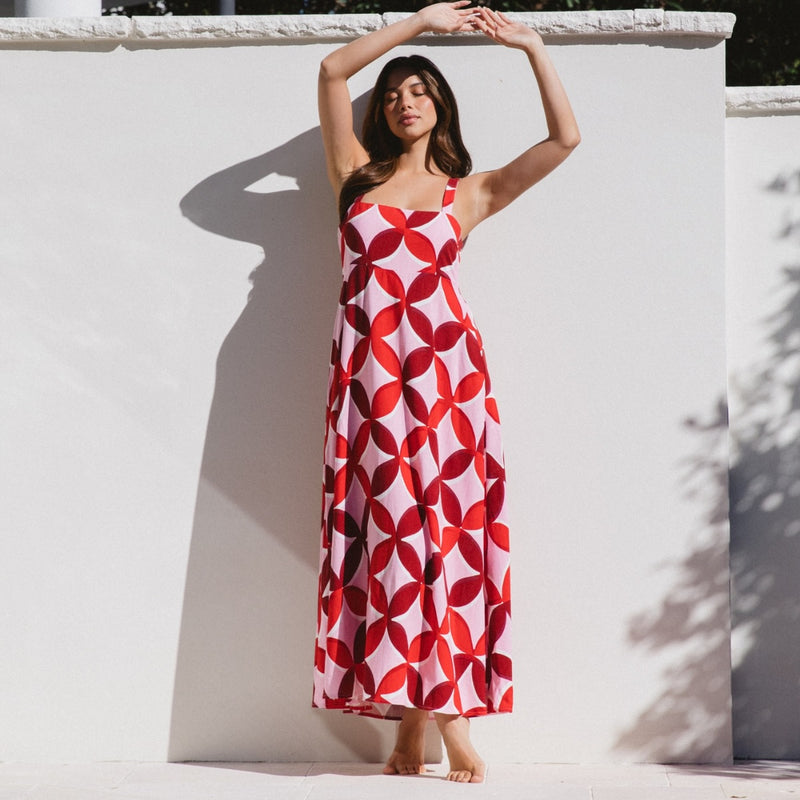 Bambina Maxi Dress in a fab pink, red, burgundy and white print.