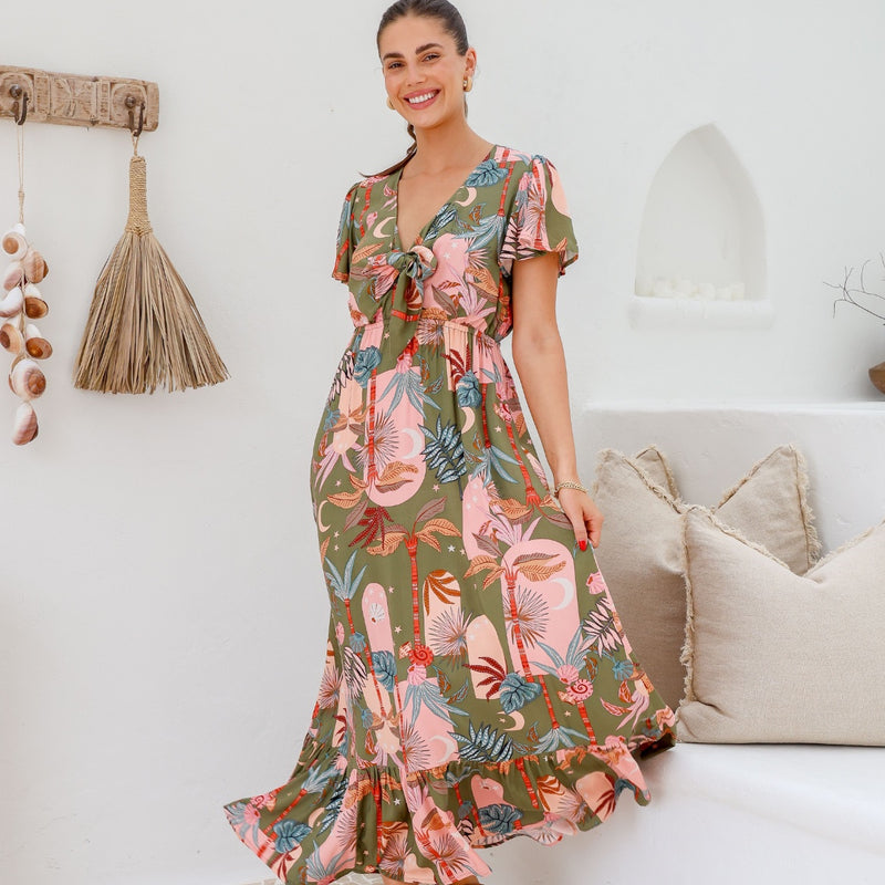 Cora Tropical Maxi Dress with a gorgeous print in khaki, brown, pink, blue and red tones