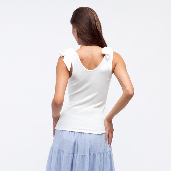 Back view of the white tank. It has a deep scoop neckline at the back too.