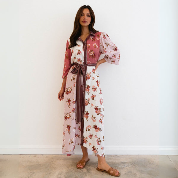 First Blush Shirt Dress with a patchwork floral print in white, pink and burgundy.