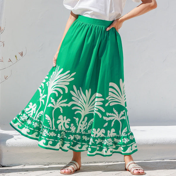 Imogen Maxi Skirt. This green skirt has a fun cream palm print on the hemline