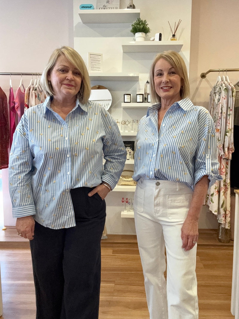 Instore pic: Jill (left) wearing a Large and is typically a Size 14. Tanya (right) wearing a Small and is typically a Size 8-10.